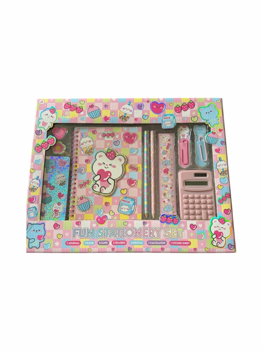 NWT-Fun Pink Kids Stationery Set with Notebook, Calculator & Accessories
